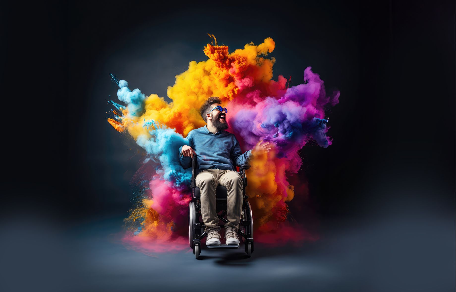 Mann im Rollstuhl auf Buntem Hintergrund